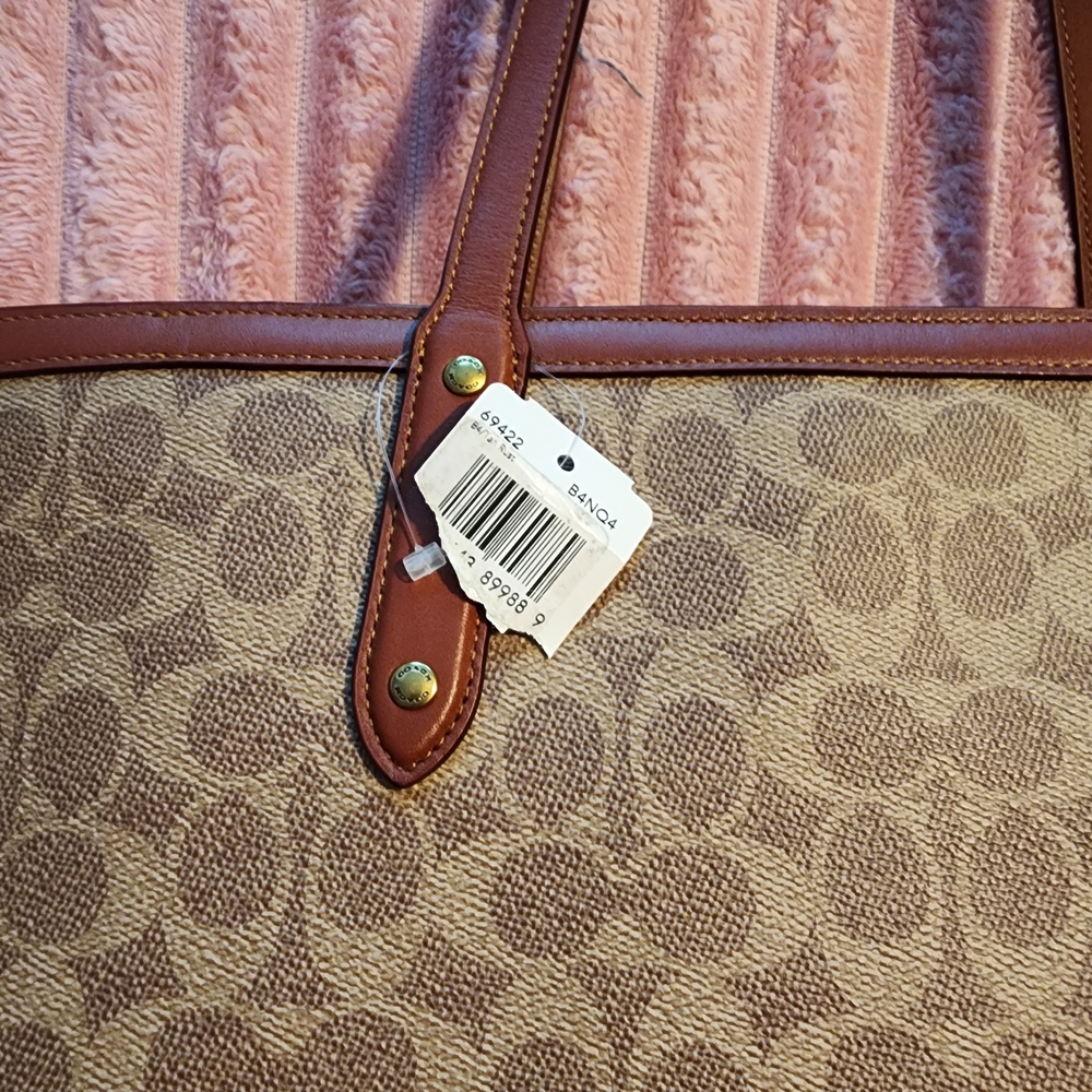 Coach Khaki Signature Canvas Tote with Brown Leather Trim